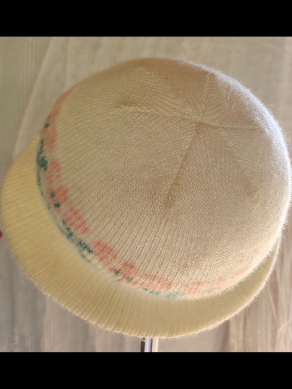 Vintage Kids Cream Knit Beanie with Pastel Pink & Green Detail